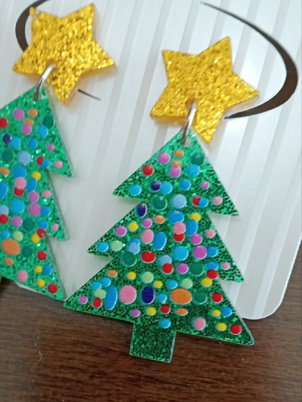 Festive Green Glitter Christmas Tree Earrings with Gold Star